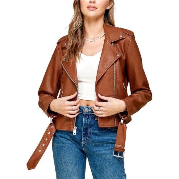 Jackets & Blazers - Slim Fit Stylish Vegan Leather Moto Jacket Orange